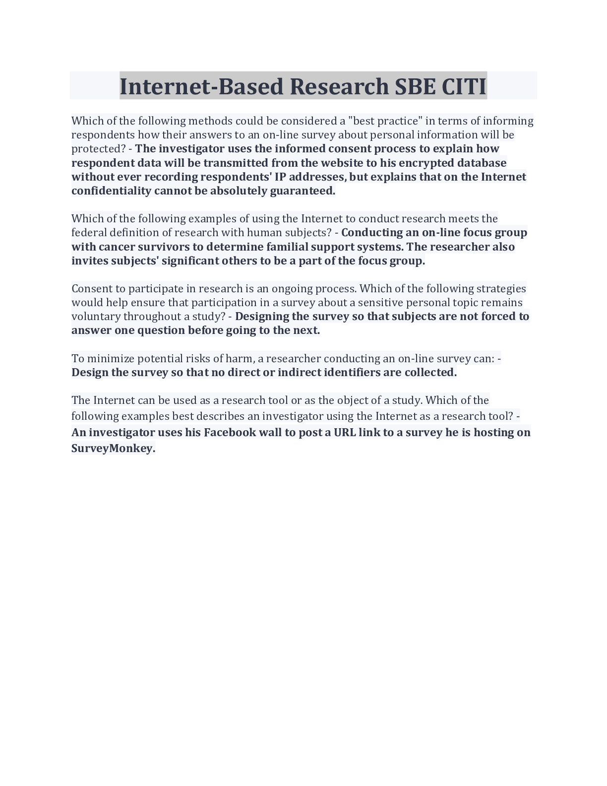 Preview image for Internet-Based Research SBE CITI Questions And Answers